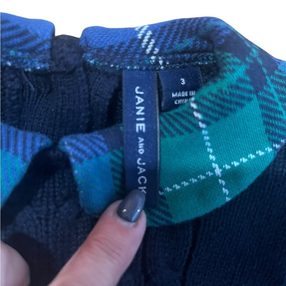 Janie and Jack Blue Cable Knit Teal Tartan Collar Sweater SZ 3 - Picture 8 of 13